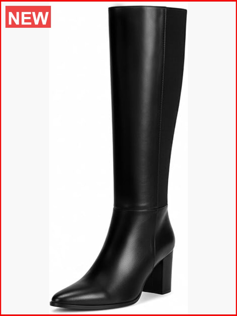 Pointed Toe Knee High Boots With Chunky Block Heel & Side Zipper
